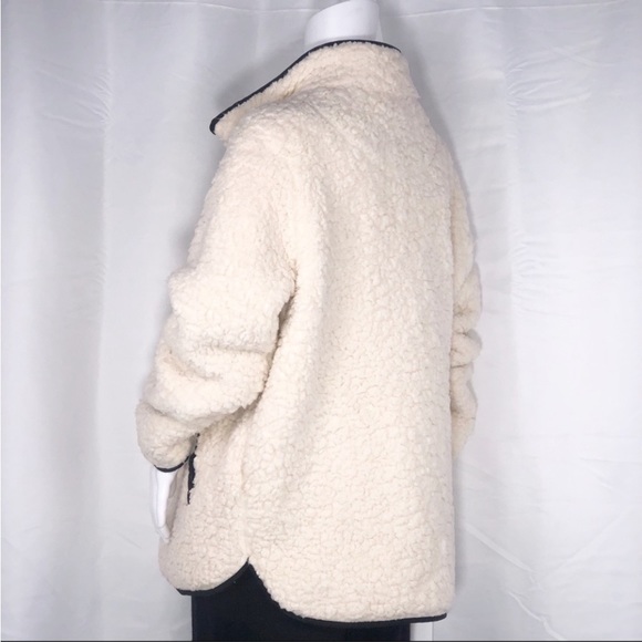Thread & Supply Milk Cream Soft Shearling Qtr Zip Jacket SzL Pockets Black Trims - Picture 3 of 10